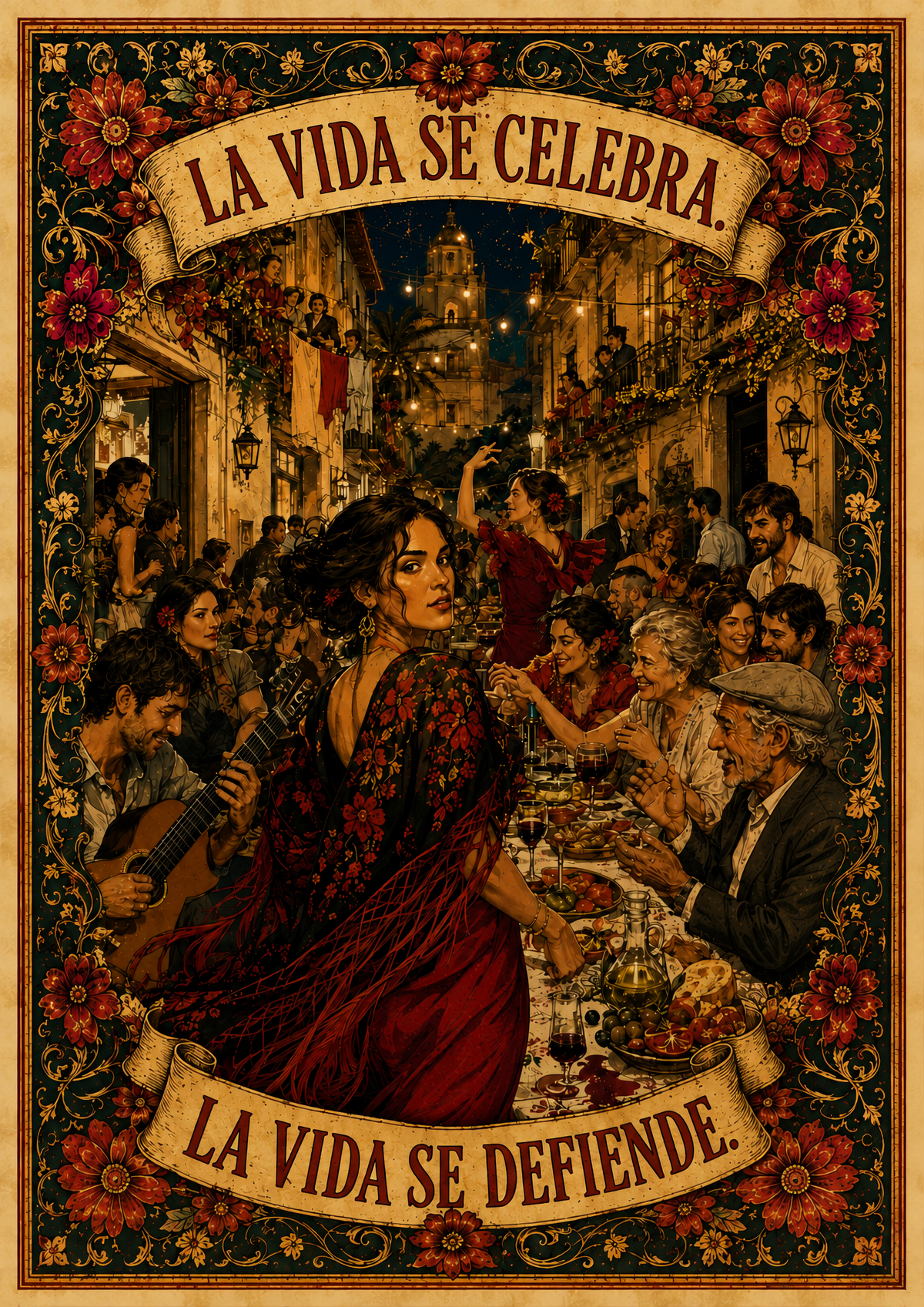Vintage-style illustrated poster of a lively Spanish street celebration at night, with musicians, dancers, and a shared table, framed by floral borders and two banners reading "La vida se celebra" and "La vida se defiende."