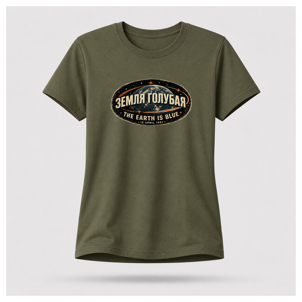 Front of a floating military green female-form Gildan 5000 T-shirt featuring the The Earth Is Blue design with the Russian phrase "ЗЕМЛЯ ГОЛУБАЯ" above Earth and the English translation below. by RIOTTEES