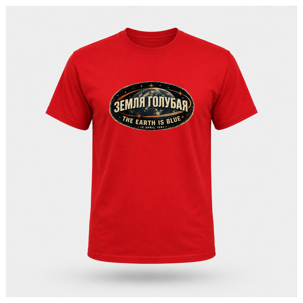 Front of a floating red male-form Gildan 5000 T-shirt featuring the The Earth Is Blue design with the Russian phrase "ЗЕМЛЯ ГОЛУБАЯ" above Earth and the English translation below. by RIOTTEES