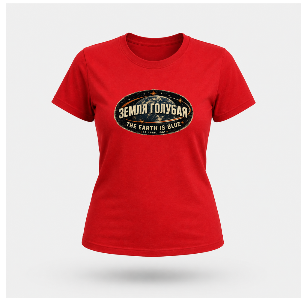 Front of a floating red female-form Gildan 5000 T-shirt featuring the The Earth Is Blue design with the Russian phrase "ЗЕМЛЯ ГОЛУБАЯ" above Earth and the English translation below. by RIOTTEES