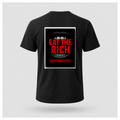 Black Eat the Rich Easy Recipes back-print T-shirt by RIOTTEES on a male floating form, featuring bold red typography and black-and-white mouth artwork.