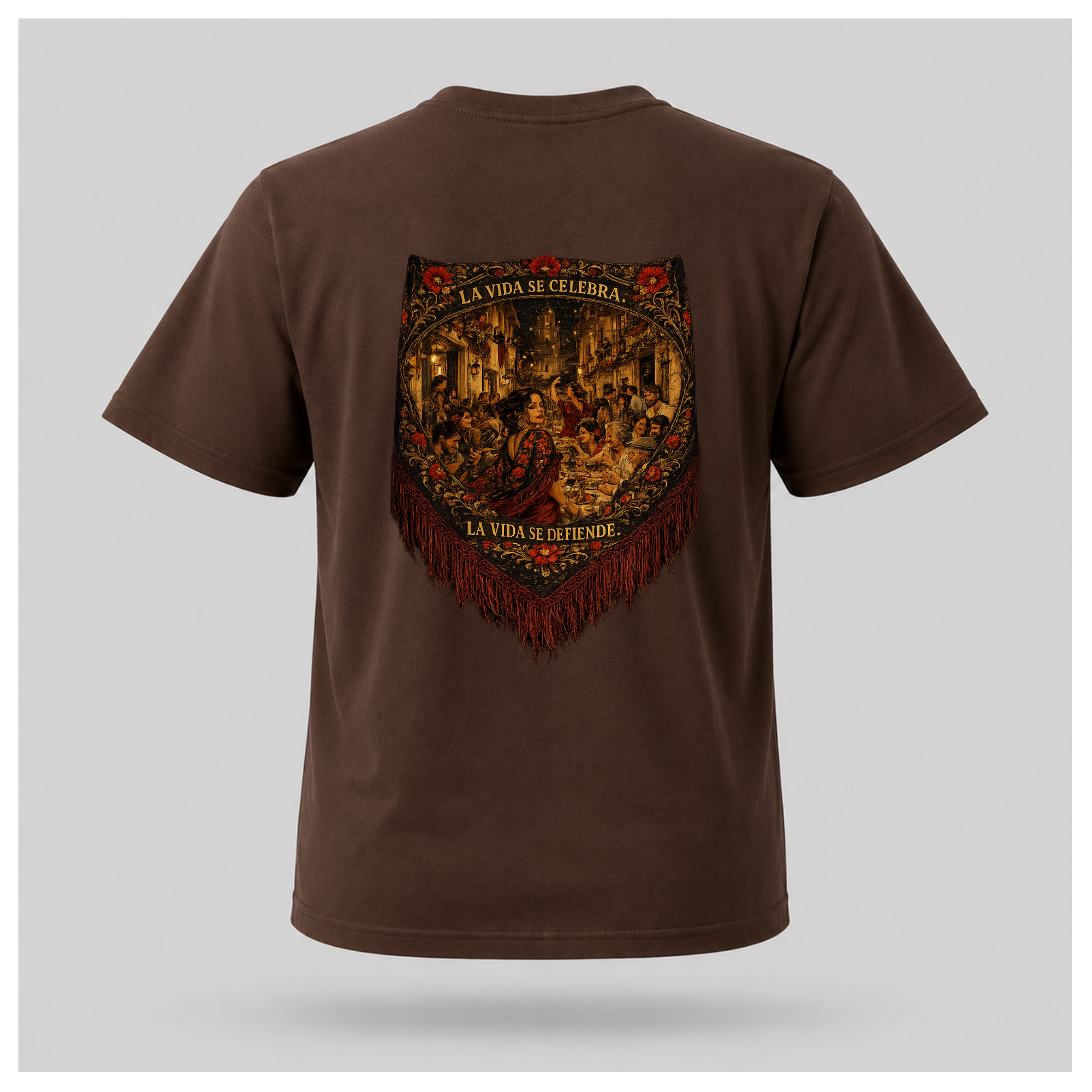 Floating male form wearing the Chocolate Brown Gildan 5000 ESPAÑA Tee, back view, featuring the detailed Spanish shawl artwork with La Vida Se Celebra. La Vida Se Defiende. by RIOTTEES.