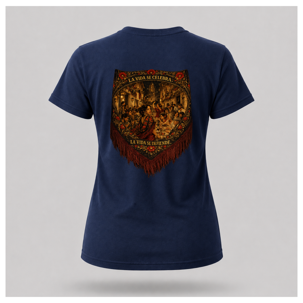 Floating female form wearing the Navy Blue Gildan 5000 ESPAÑA Tee, back view, featuring the detailed Spanish shawl artwork with La Vida Se Celebra. La Vida Se Defiende. by RIOTTEES.
