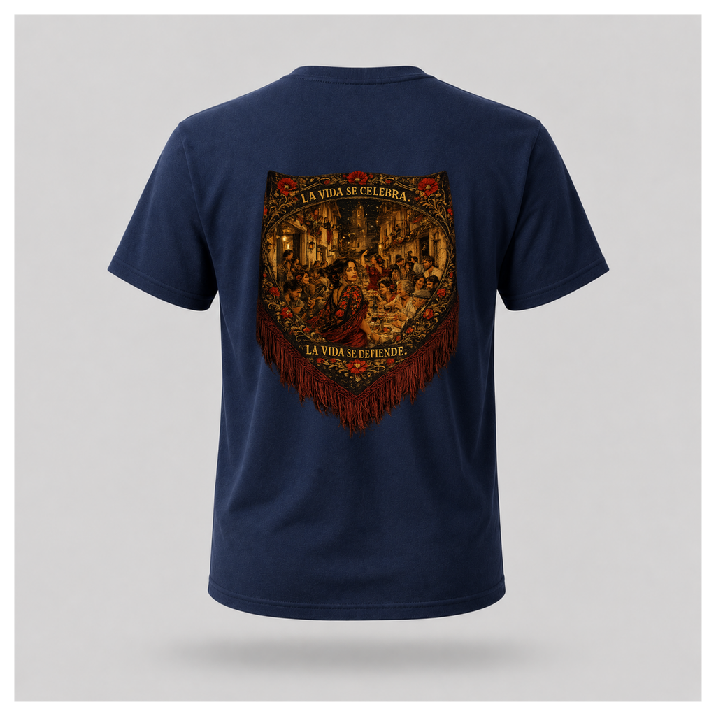Floating male form wearing the Navy Blue Gildan 5000 ESPAÑA Tee, back view, featuring the detailed Spanish shawl artwork with La Vida Se Celebra. La Vida Se Defiende. by RIOTTEES.
