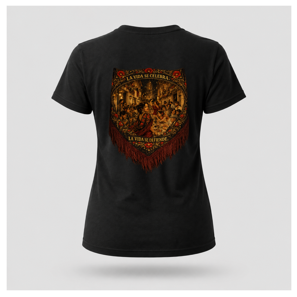 Floating female form wearing the Black Gildan 5000 ESPAÑA Tee, back view, featuring the detailed Spanish shawl artwork with La Vida Se Celebra. La Vida Se Defiende. by RIOTTEES.