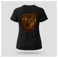 Floating female form wearing the Black Gildan 5000 ESPAÑA Tee, back view, featuring the detailed Spanish shawl artwork with La Vida Se Celebra. La Vida Se Defiende. by RIOTTEES.
