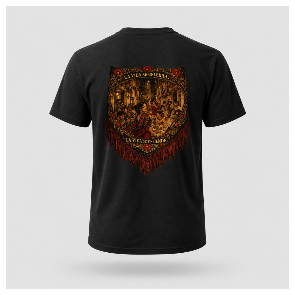 Floating male form wearing the Black Gildan 5000 ESPAÑA Tee, back view, featuring the detailed Spanish shawl artwork with La Vida Se Celebra. La Vida Se Defiende. by RIOTTEES.