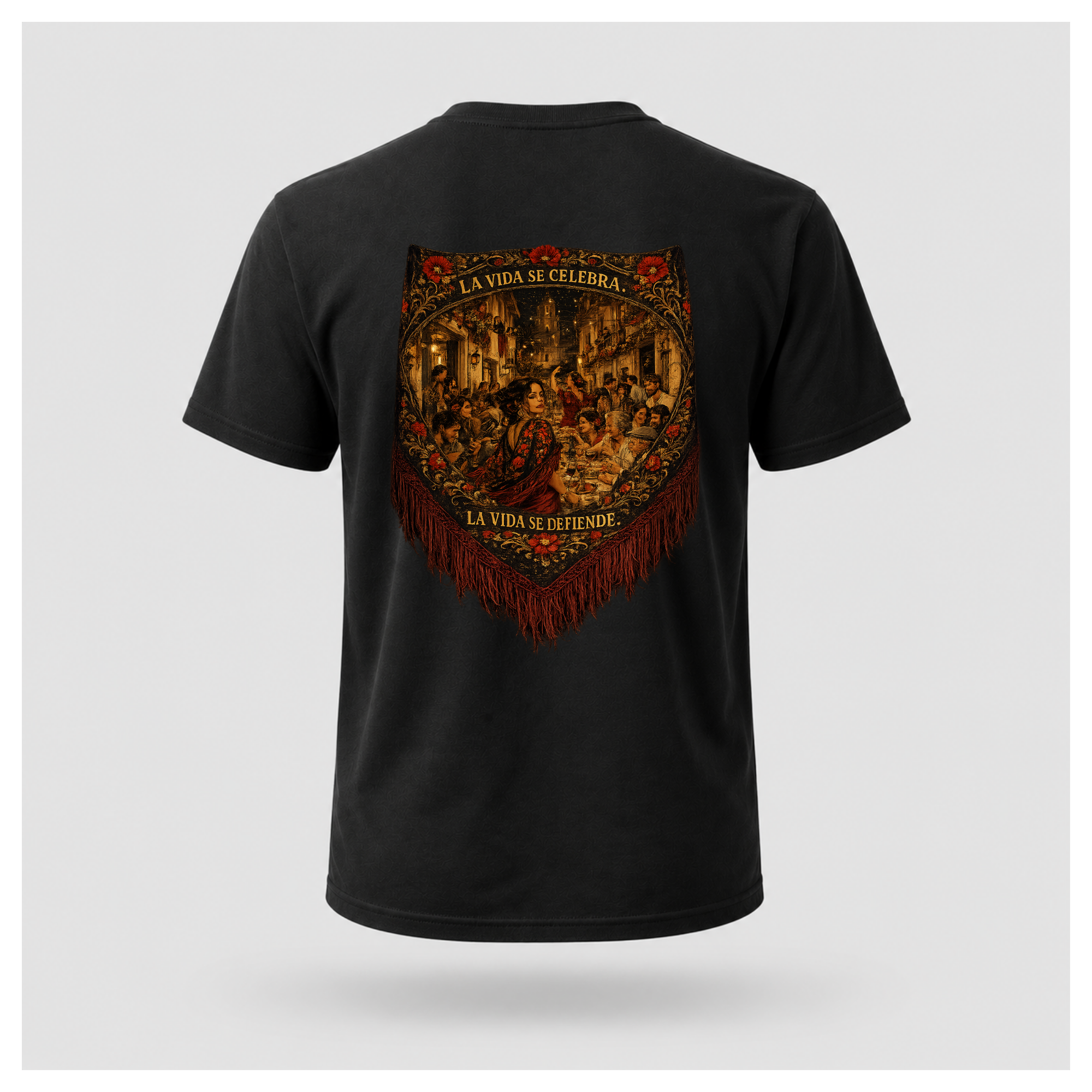 Floating male form wearing the Black Gildan 5000 ESPAÑA Tee, back view, featuring the detailed Spanish shawl artwork with La Vida Se Celebra. La Vida Se Defiende. by RIOTTEES.