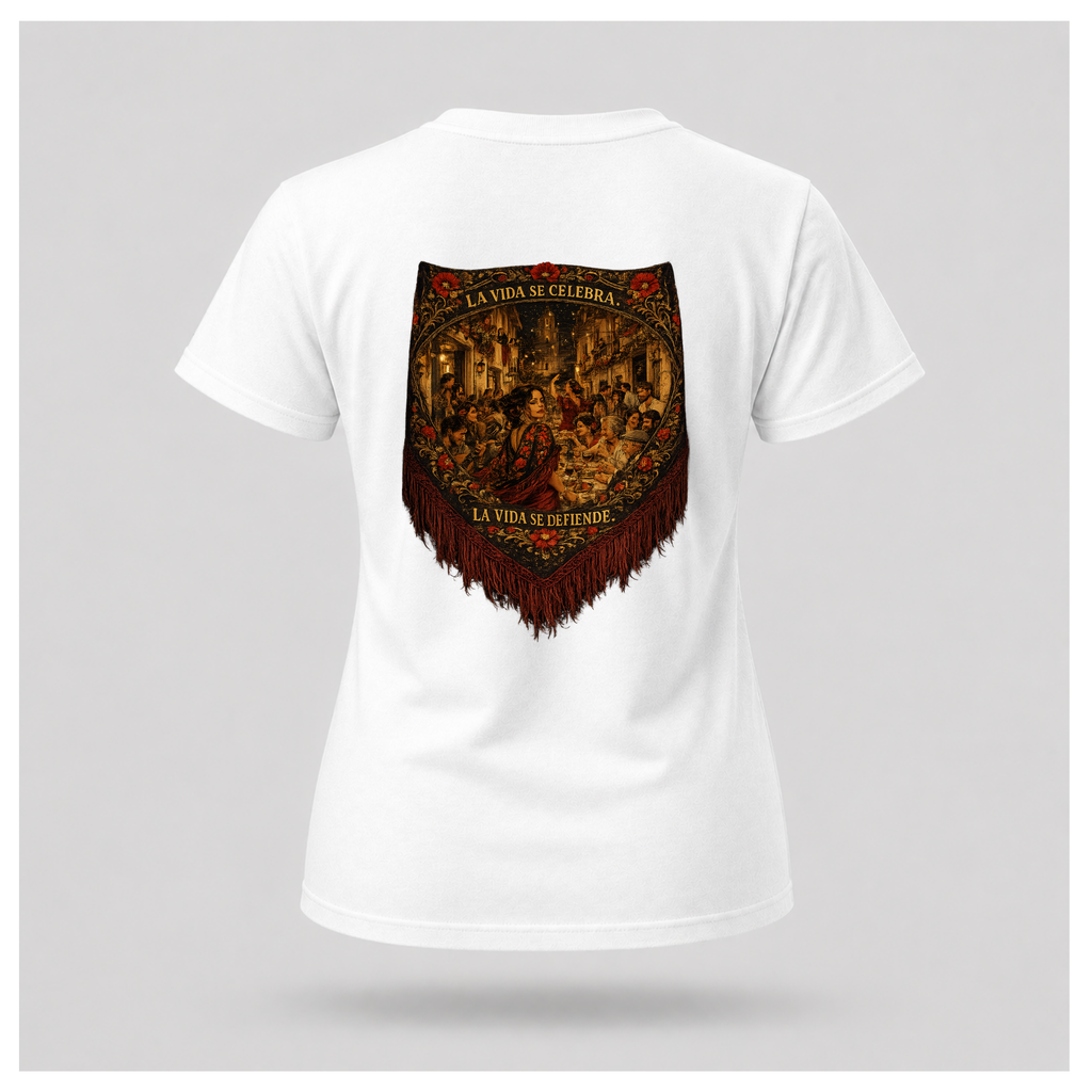 Floating female form wearing the White Gildan 5000 ESPAÑA Tee, back view, featuring the detailed Spanish shawl artwork with La Vida Se Celebra. La Vida Se Defiende. by RIOTTEES.