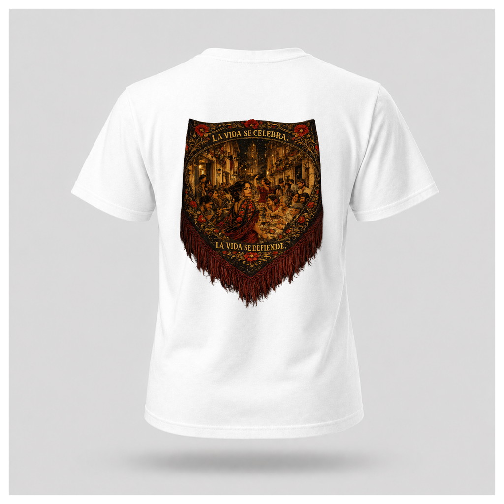 Floating male form wearing the White Gildan 5000 ESPAÑA Tee, back view, featuring the detailed Spanish shawl artwork with La Vida Se Celebra. La Vida Se Defiende. by RIOTTEES.