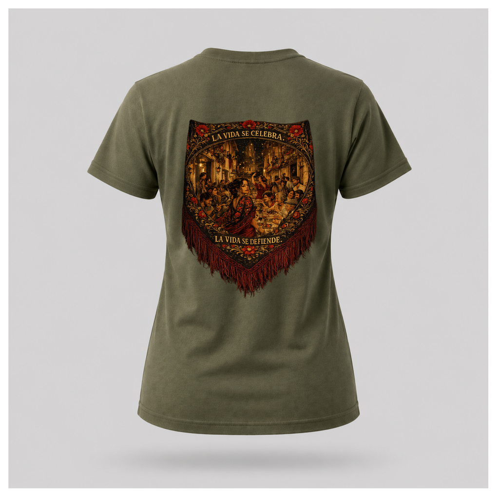 Floating female form wearing the Military Green Gildan 5000 ESPAÑA Tee, back view, featuring the detailed Spanish shawl artwork with La Vida Se Celebra. La Vida Se Defiende. by RIOTTEES.