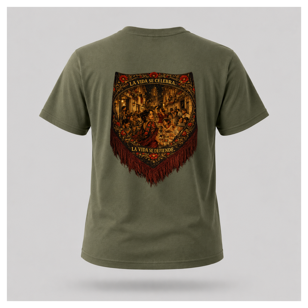 Floating male form wearing the Military Green Gildan 5000 ESPAÑA Tee, back view, featuring the detailed Spanish shawl artwork with La Vida Se Celebra. La Vida Se Defiende. by RIOTTEES.