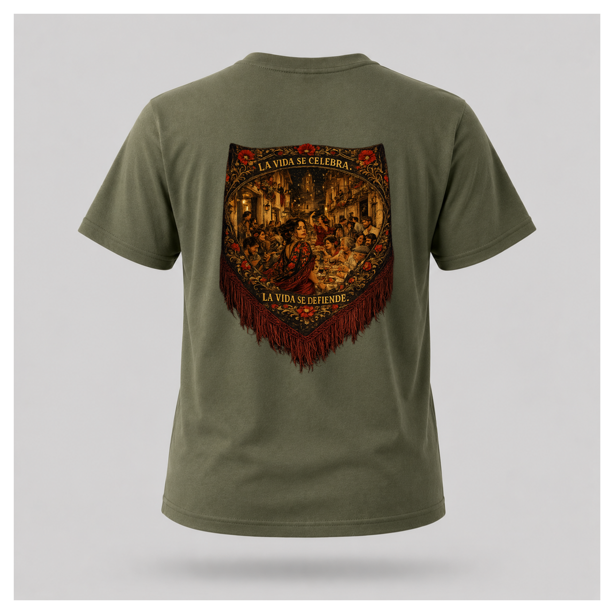 Floating male form wearing the Military Green Gildan 5000 ESPAÑA Tee, back view, featuring the detailed Spanish shawl artwork with La Vida Se Celebra. La Vida Se Defiende. by RIOTTEES.