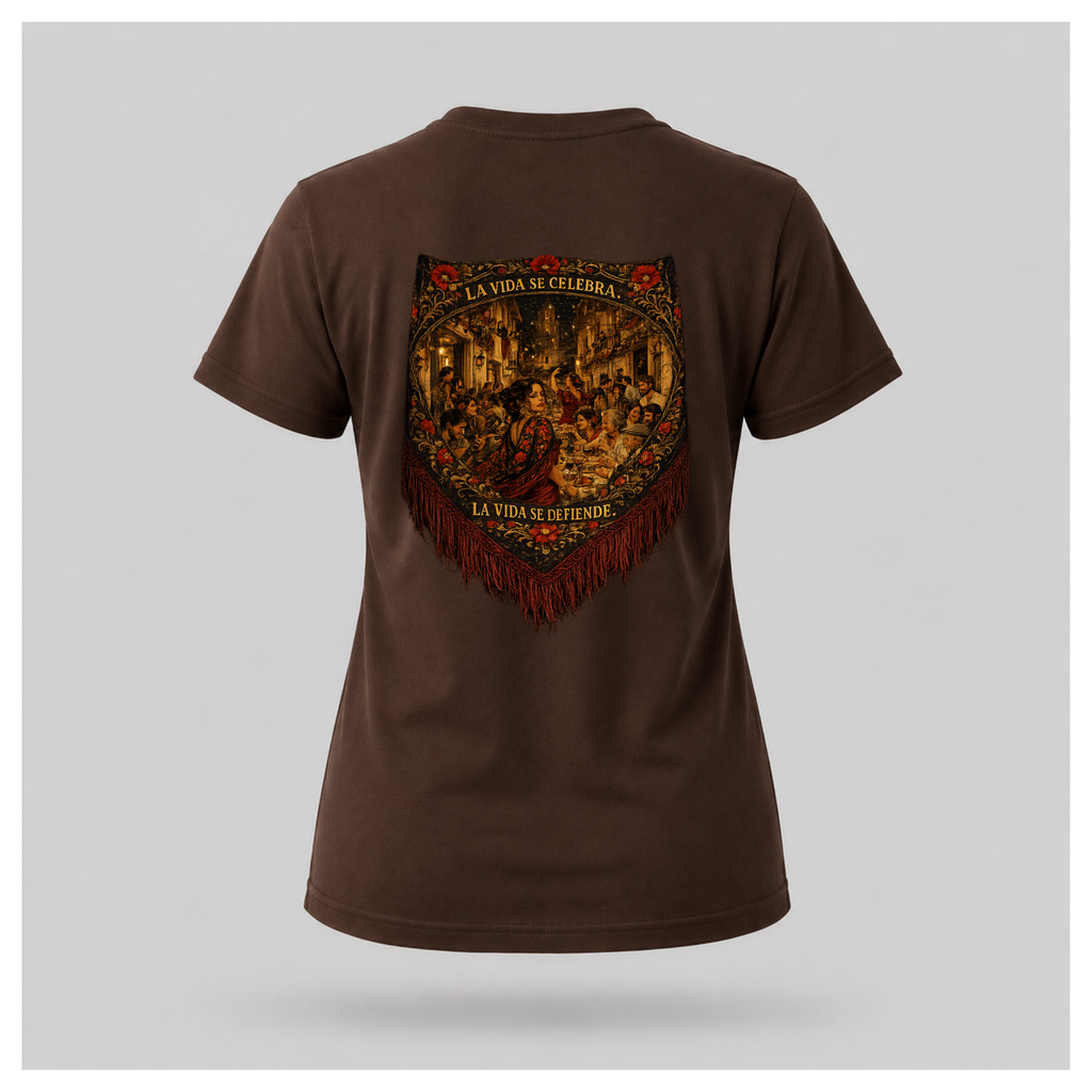 Floating female form wearing the Chocolate Brown Gildan 5000 ESPAÑA Tee, back view, featuring the detailed Spanish shawl artwork with La Vida Se Celebra. La Vida Se Defiende. by RIOTTEES.