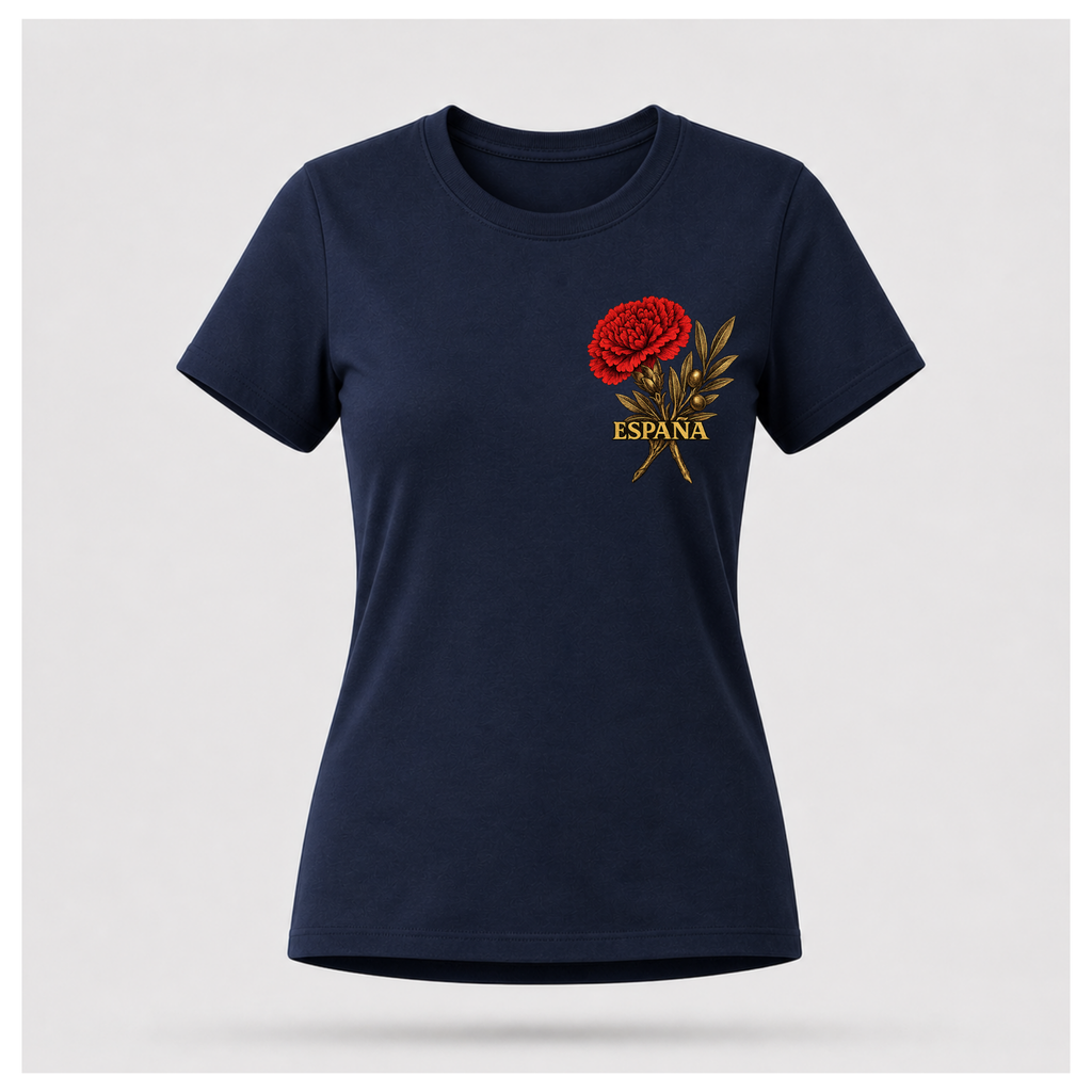 Floating female form wearing the Navy Blue Gildan 5000 ESPAÑA Tee, front view, featuring the red carnation and olive branch ESPAÑA artwork by RIOTTEES.