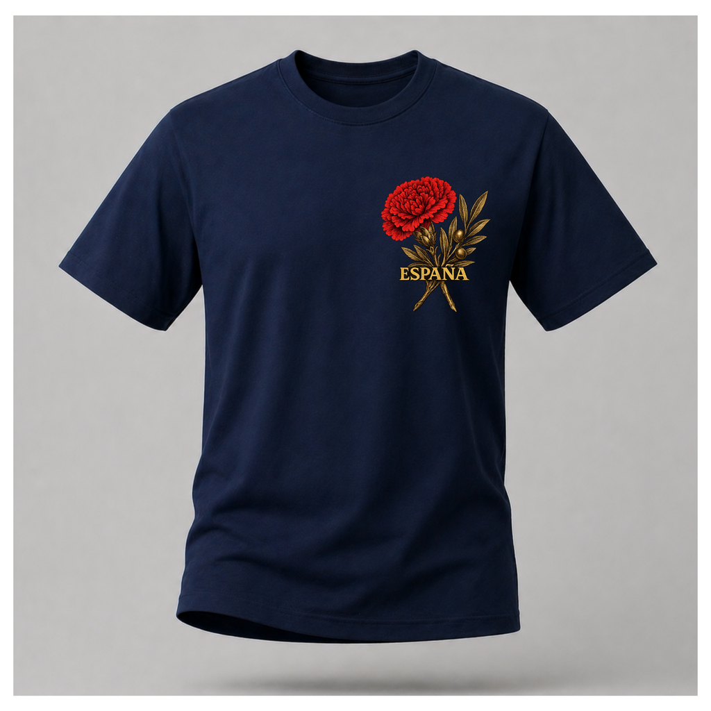 Floating male form wearing the Navy Blue Gildan 5000 ESPAÑA Tee, front view, featuring the red carnation and olive branch ESPAÑA artwork by RIOTTEES.