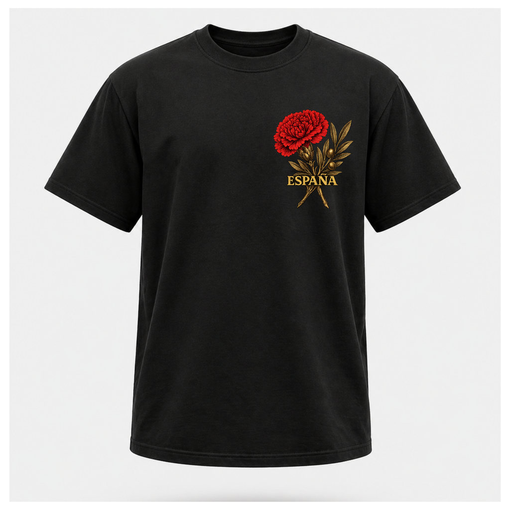 Floating male form wearing the Black Gildan 5000 ESPAÑA Tee, front view, featuring the red carnation and olive branch ESPAÑA artwork by RIOTTEES.