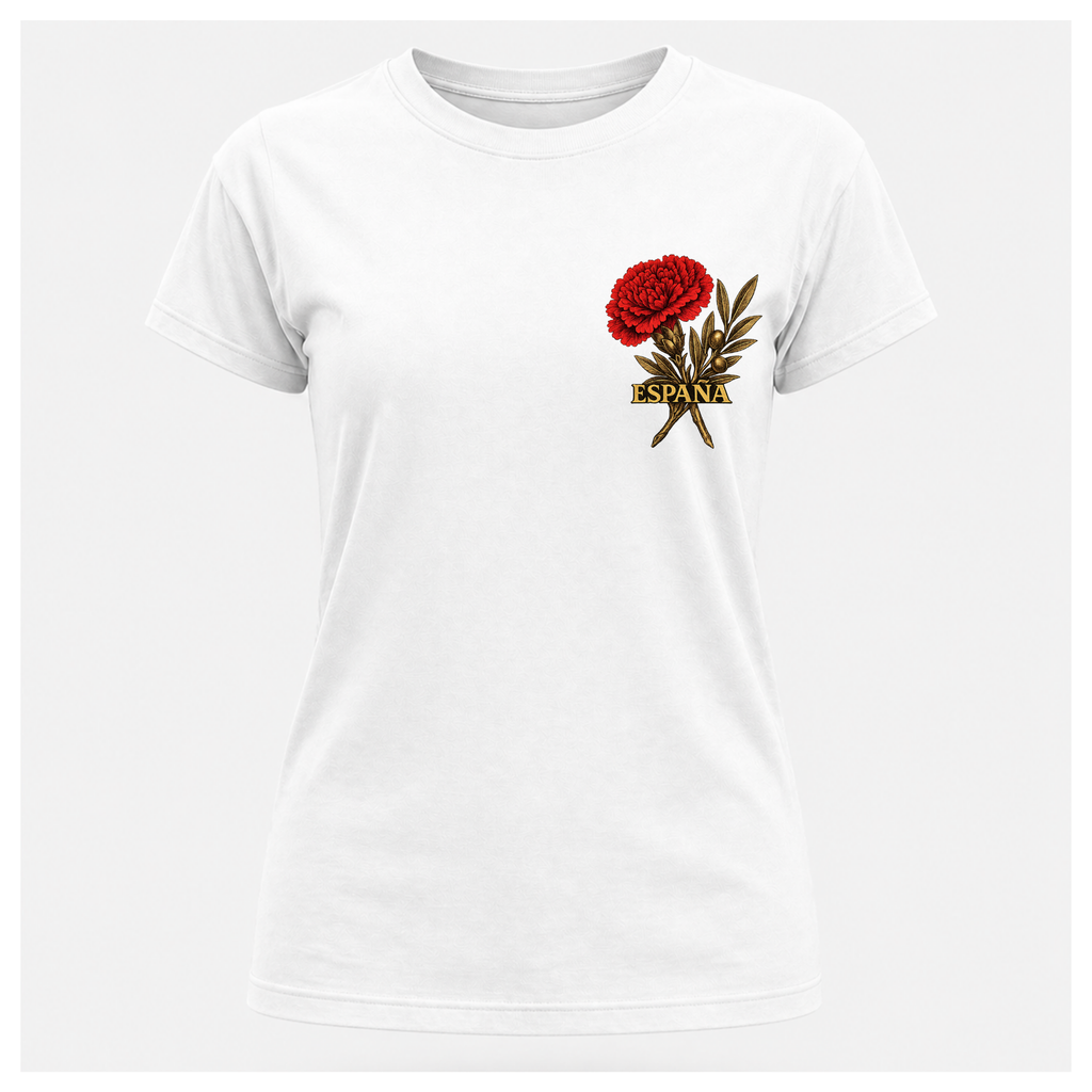 Floating female form wearing the White Gildan 5000 ESPAÑA Tee, front view, featuring the red carnation and olive branch ESPAÑA artwork by RIOTTEES.