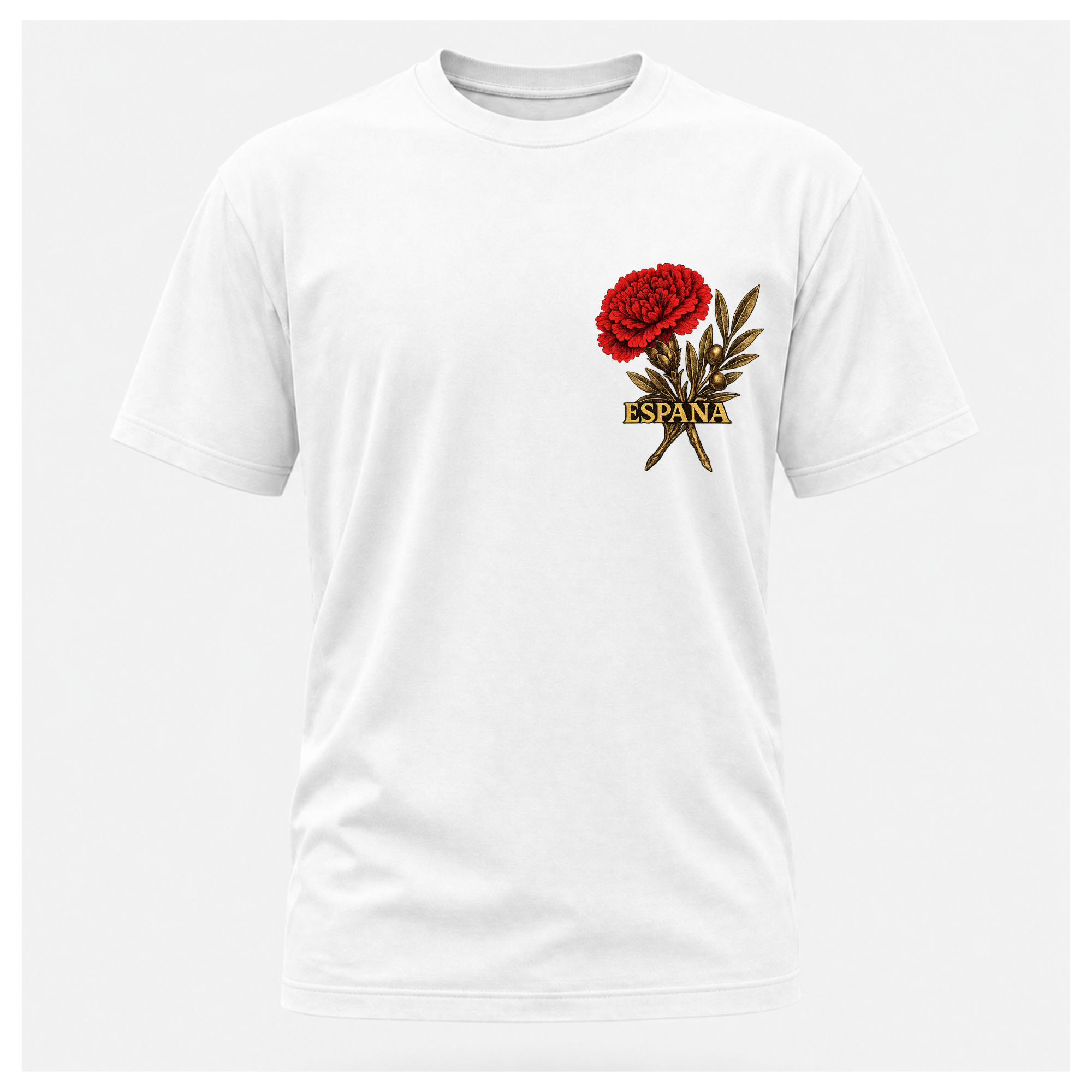 Floating male form wearing the White Gildan 5000 ESPAÑA Tee, front view, featuring the red carnation and olive branch ESPAÑA artwork by RIOTTEES.