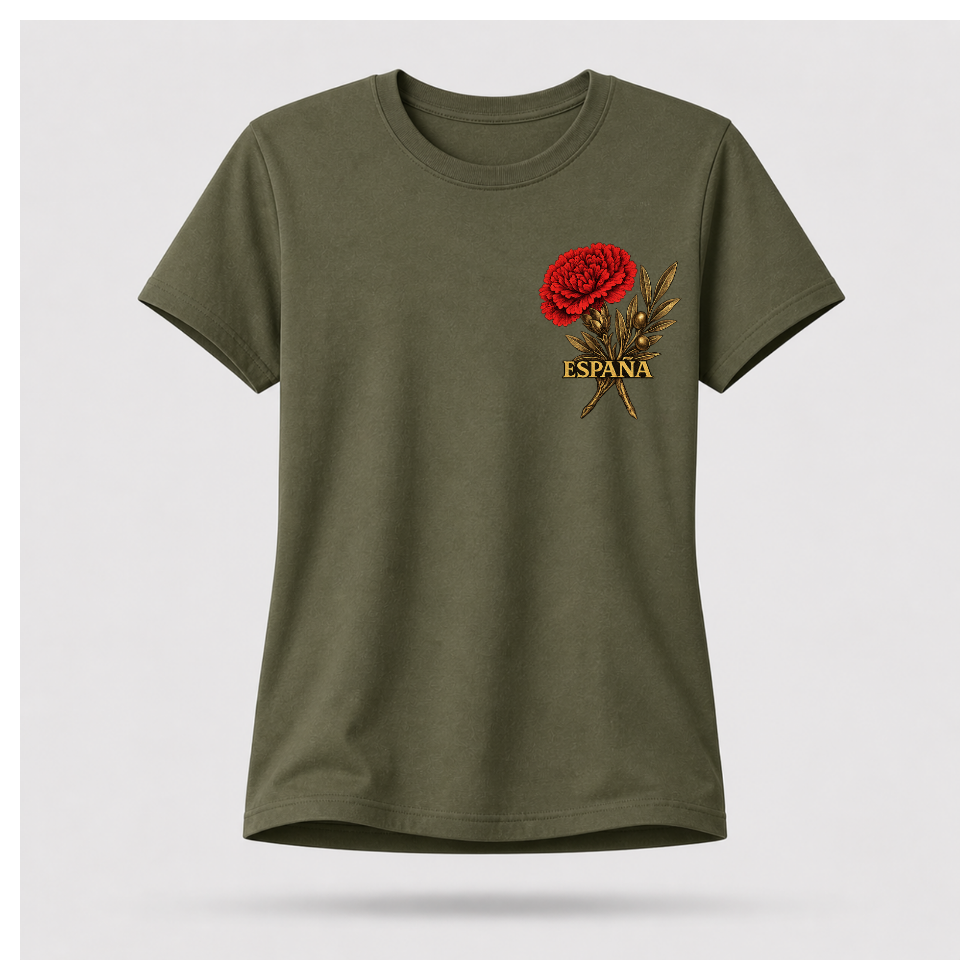 Floating female form wearing the Military Green Gildan 5000 ESPAÑA Tee, front view, featuring the red carnation and olive branch ESPAÑA artwork by RIOTTEES.