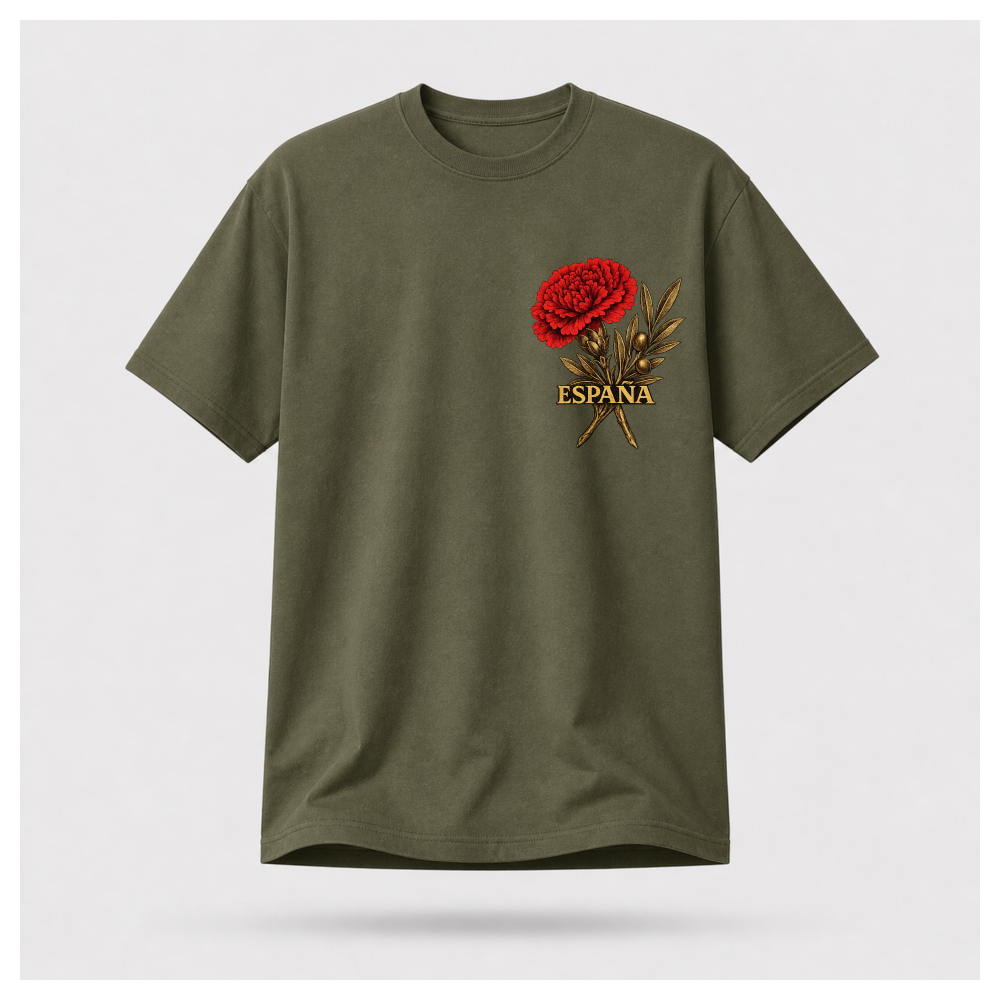 Floating male form wearing the Military Green Gildan 5000 ESPAÑA Tee, front view, featuring the red carnation and olive branch ESPAÑA artwork by RIOTTEES.