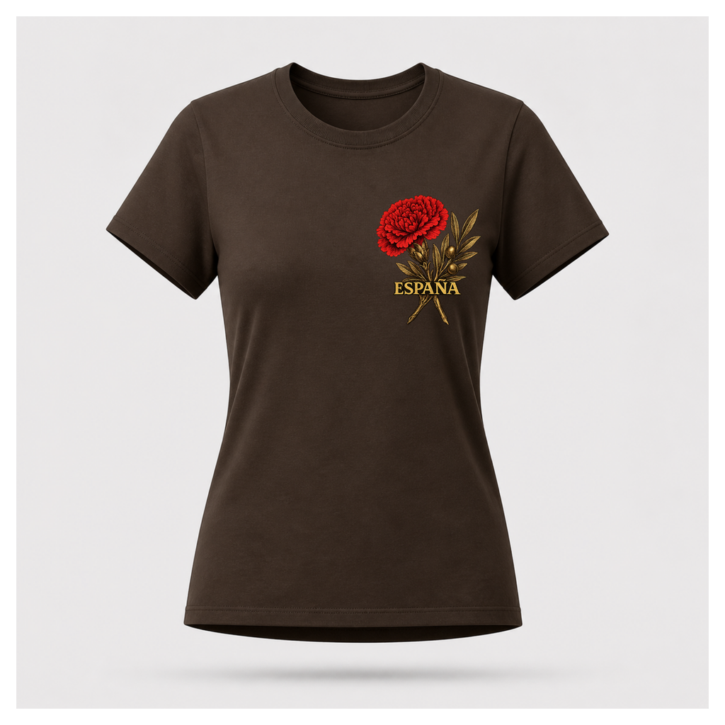 Floating female form wearing the Chocolate Brown Gildan 5000 ESPAÑA Tee, front view, featuring the red carnation and olive branch ESPAÑA artwork by RIOTTEES.