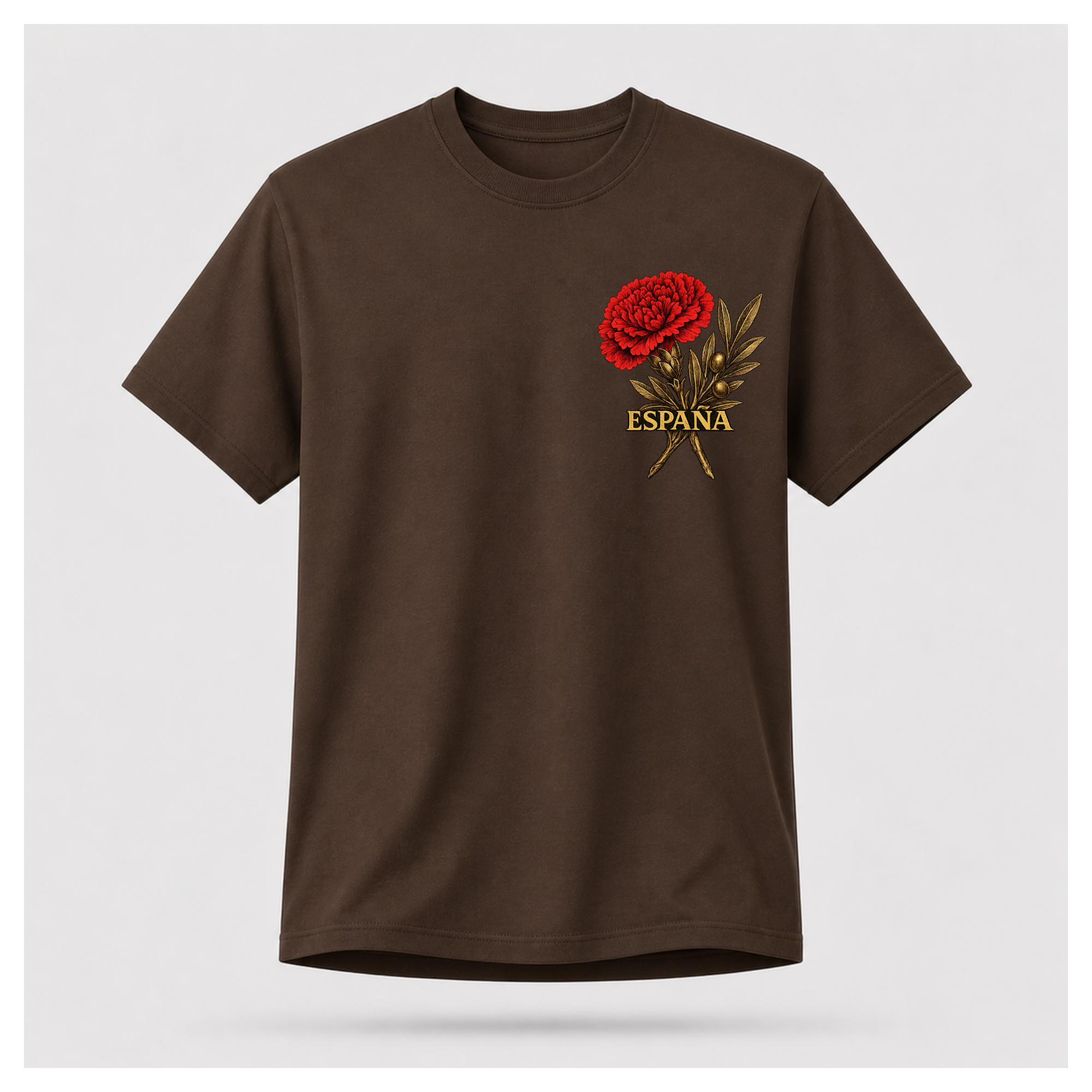 Floating male form wearing the Chocolate Brown Gildan 5000 ESPAÑA Tee, front view, featuring the red carnation and olive branch ESPAÑA artwork by RIOTTEES.
