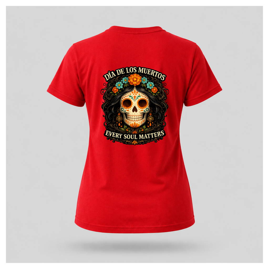 Floating red Every Soul Matters – Día de los Muertos t-shirt by RIOTTEES in a feminine tee shape with the large sugar skull artwork printed on the back.