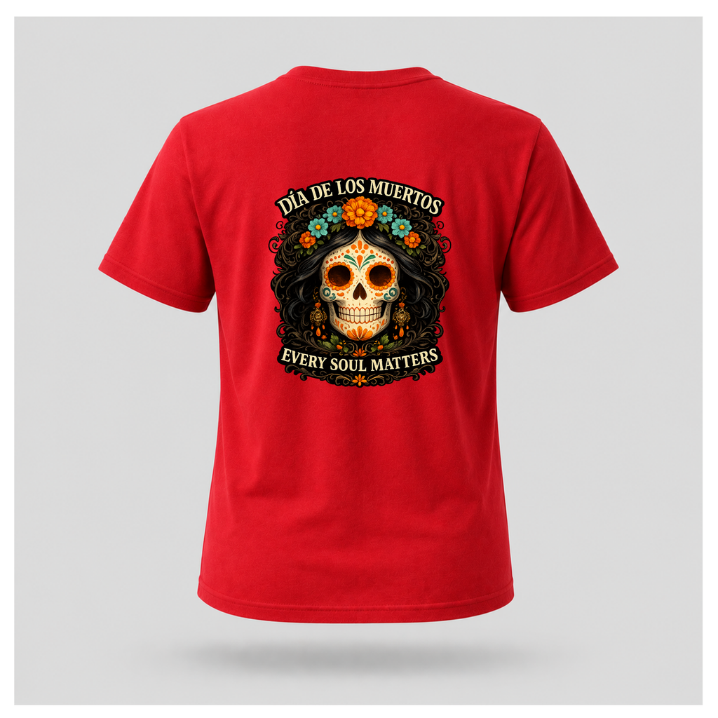 Floating red Every Soul Matters – Día de los Muertos t-shirt by RIOTTEES with the large sugar skull artwork printed on the back.