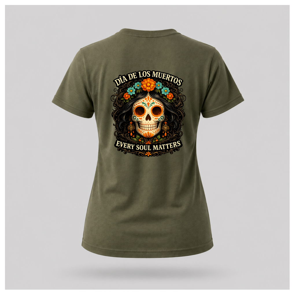 Floating military green Every Soul Matters – Día de los Muertos t-shirt by RIOTTEES in a feminine tee shape with the large sugar skull artwork printed on the back.back.