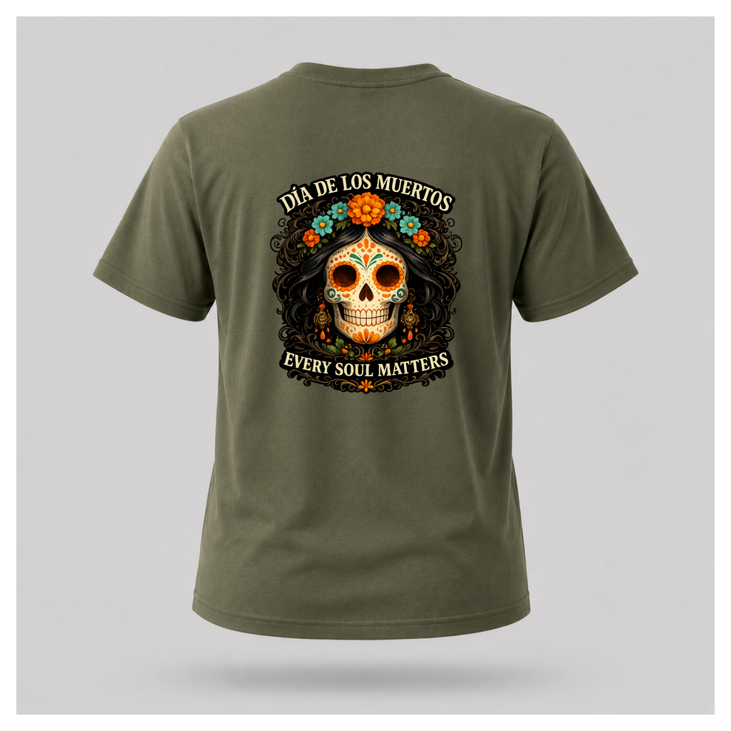 Floating military green Every Soul Matters – Día de los Muertos t-shirt by RIOTTEES with the large sugar skull artwork printed on the back.