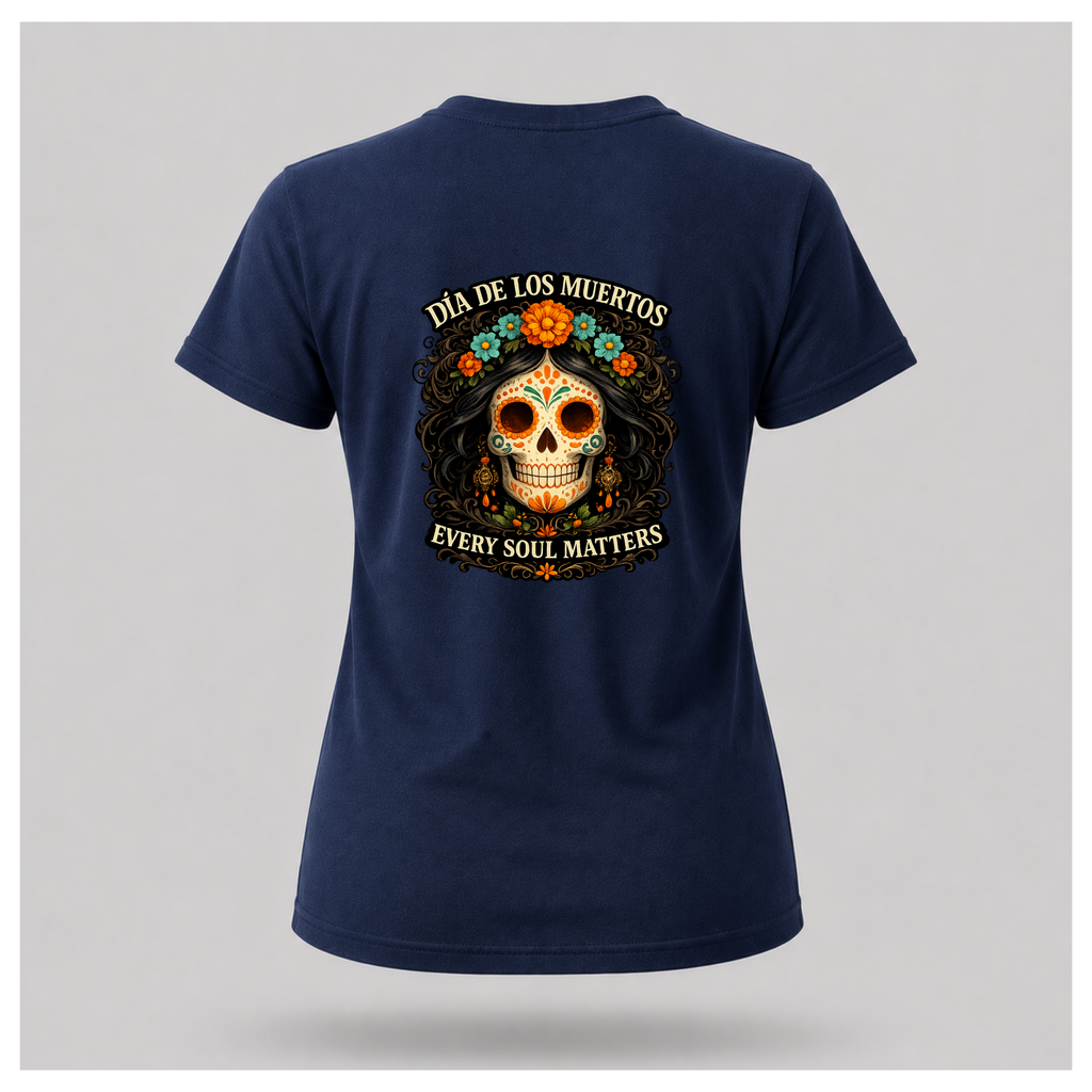 Floating navy blue Every Soul Matters – Día de los Muertos t-shirt by RIOTTEES in a feminine tee shape with the large sugar skull artwork printed on the back.