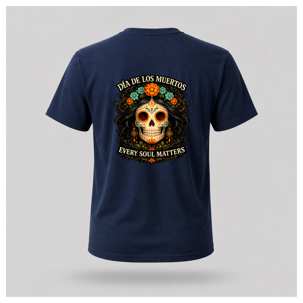Floating navy blue Every Soul Matters – Día de los Muertos t-shirt by RIOTTEES with the large sugar skull artwork printed on the back.