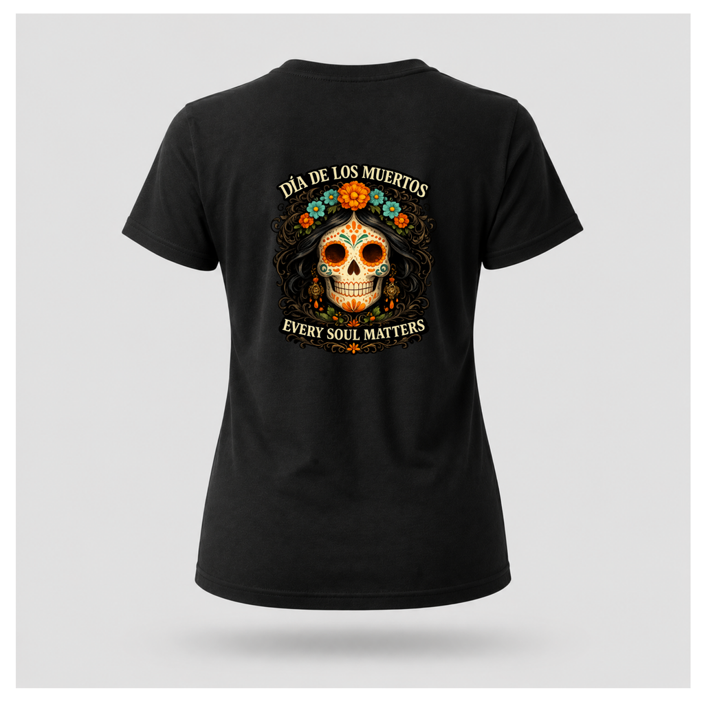 Floating black Every Soul Matters – Día de los Muertos t-shirt by RIOTTEES in a feminine tee shape with the large sugar skull artwork printed on the back.