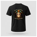 Floating black Every Soul Matters – Día de los Muertos t-shirt by RIOTTEES with the large sugar skull artwork printed on the back.