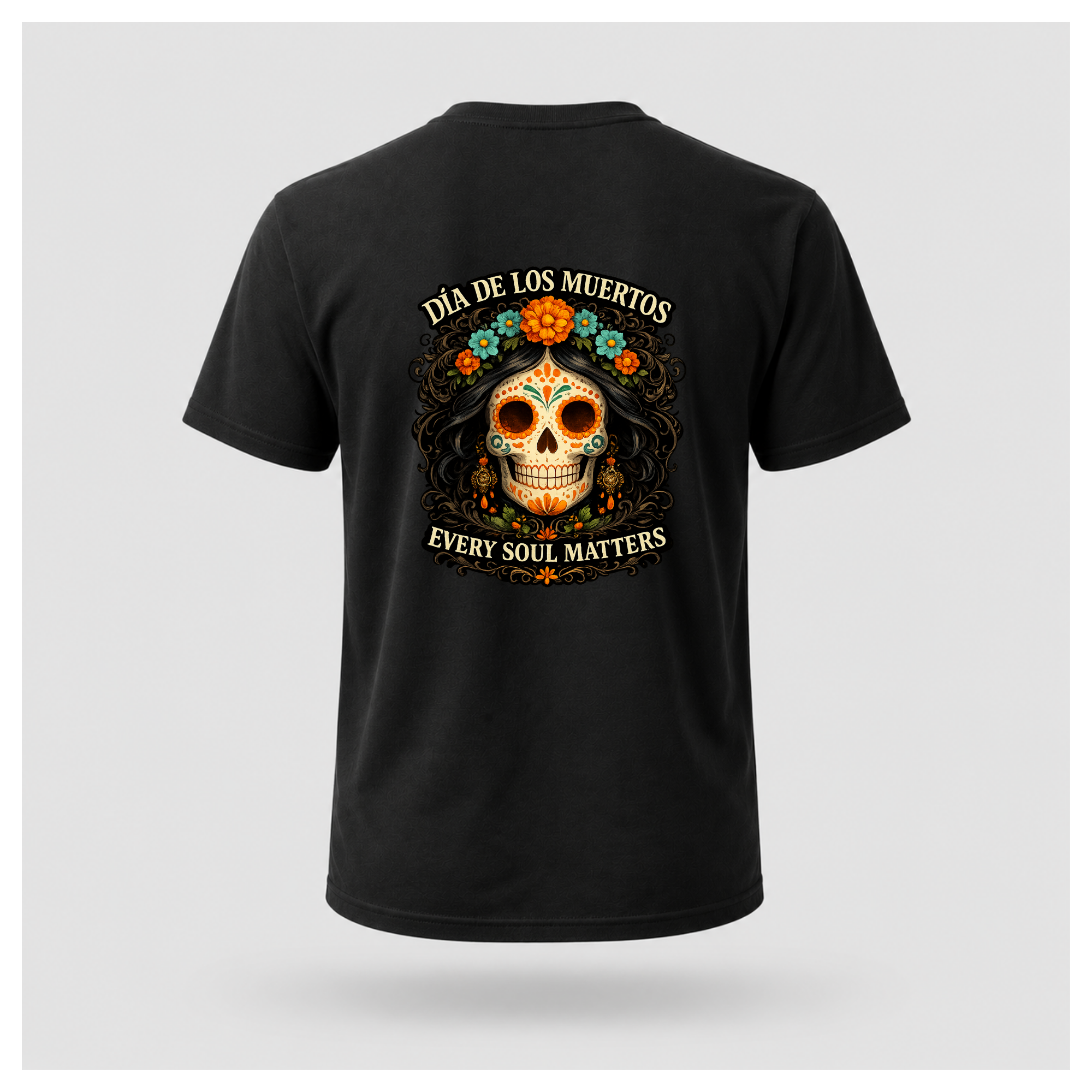 Floating black Every Soul Matters – Día de los Muertos t-shirt by RIOTTEES with the large sugar skull artwork printed on the back.