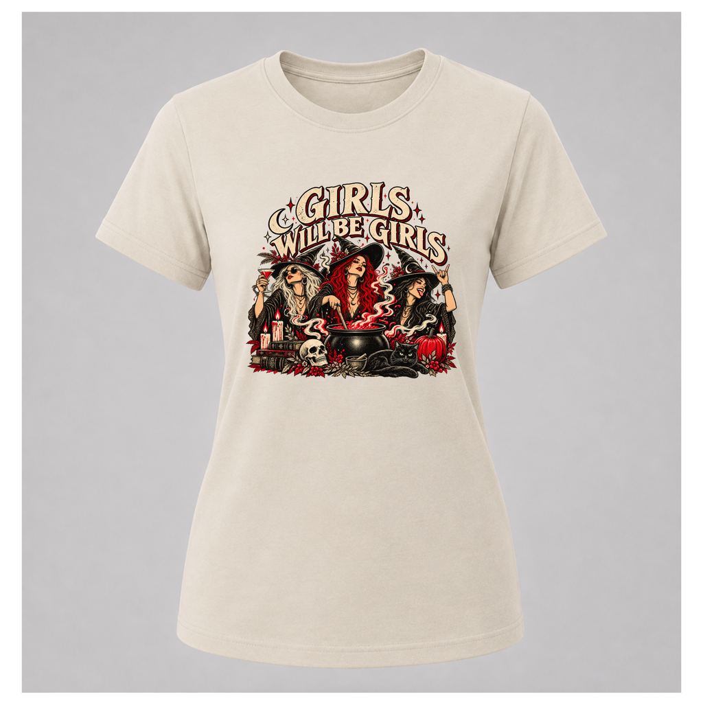 Girls Will Be Girls Tee in sand, floating female T-shirt mockup displaying three witches around a cauldron with vintage cream and red artwork.