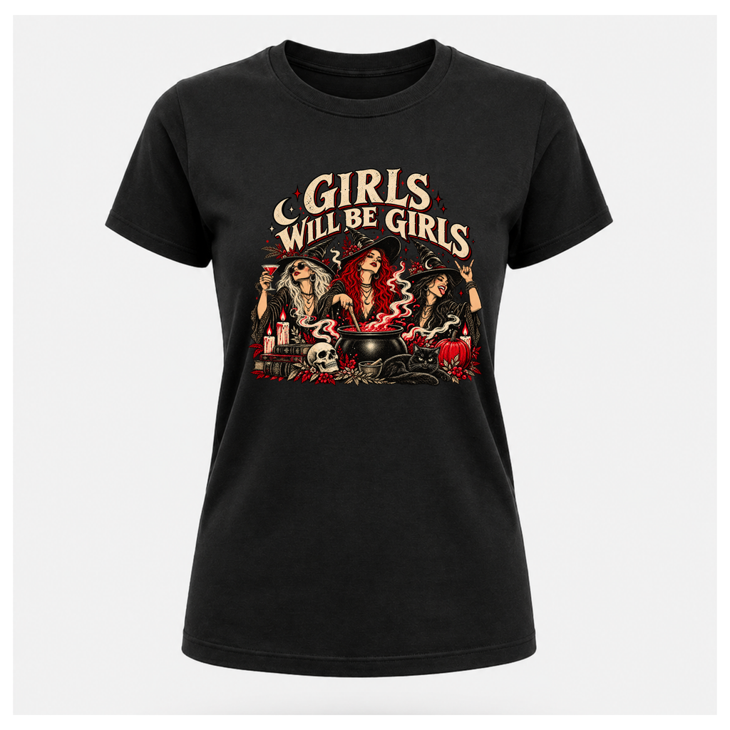 Girls Will Be Girls Tee in black, floating female T-shirt mockup featuring three rebellious witches, a bubbling cauldron and vintage red and cream artwork.