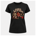 Girls Will Be Girls Tee in black, floating female T-shirt mockup featuring three rebellious witches, a bubbling cauldron and vintage red and cream artwork.