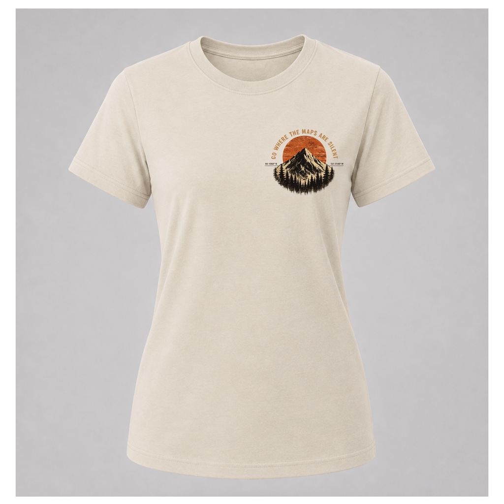 Sand female form floating tee, front view, featuring the small Go Where The Maps Are Silent mountain design and text on the chest by RIOTTEES.