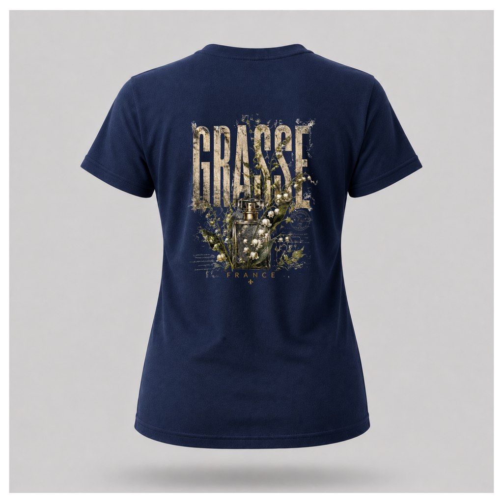 Navy blue Grasse Parfum Apothecary T-shirt on a floating female form, featuring the large vintage botanical fragrance bottle back design by RIOTTEES.