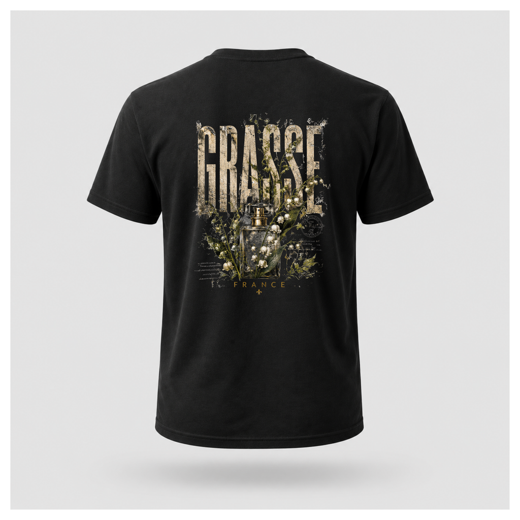 Black Grasse Parfum Apothecary T-shirt on a floating male form, featuring the large vintage botanical fragrance bottle back design by RIOTTEES.