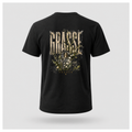 Black Grasse Parfum Apothecary T-shirt on a floating male form, featuring the large vintage botanical fragrance bottle back design by RIOTTEES.