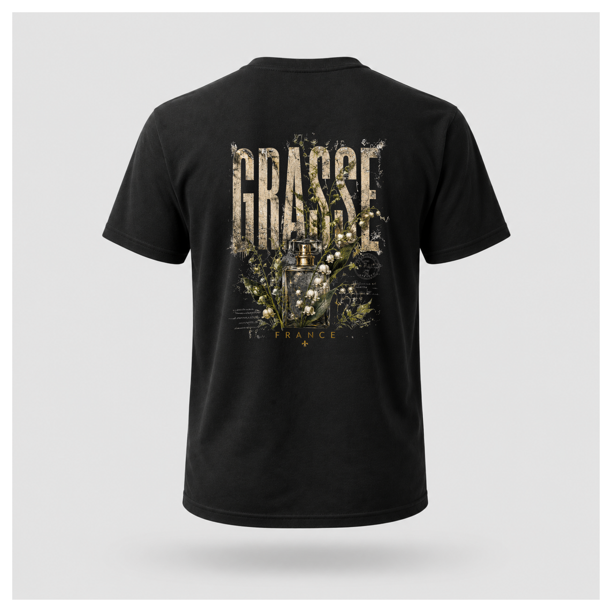 Black Grasse Parfum Apothecary T-shirt on a floating male form, featuring the large vintage botanical fragrance bottle back design by RIOTTEES.