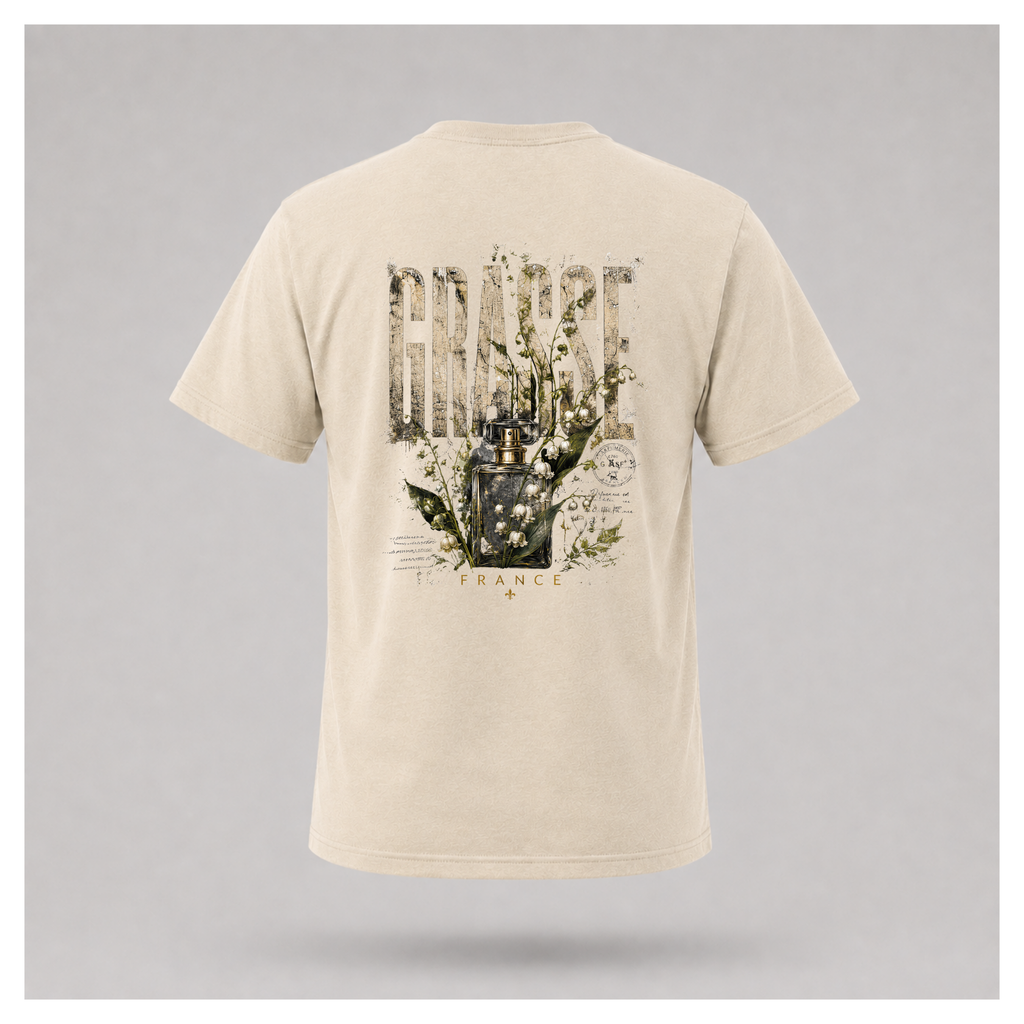 Sand Grasse Parfum Apothecary T-shirt on a floating male form, featuring the large vintage botanical fragrance bottle back design by RIOTTEES.
