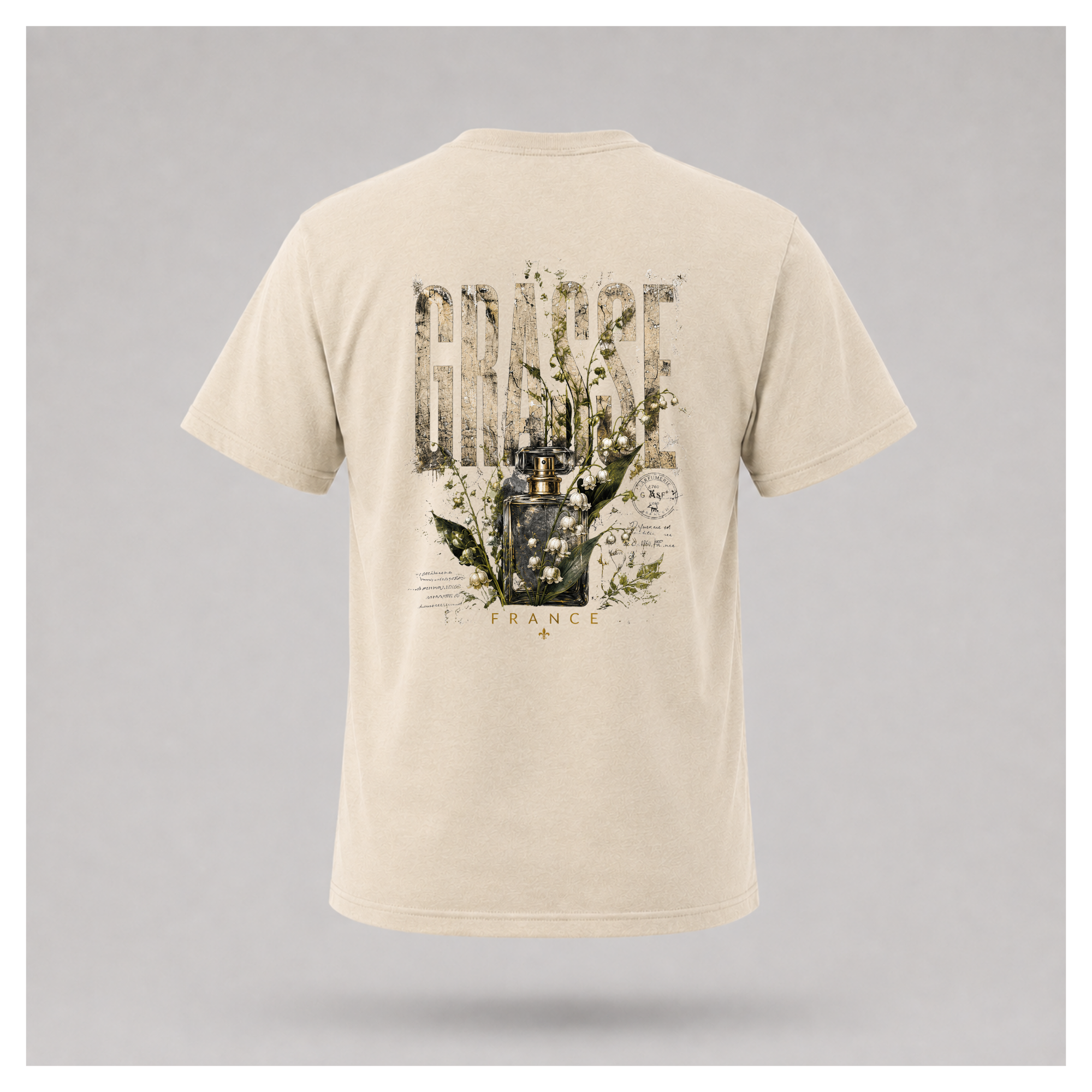 Sand Grasse Parfum Apothecary T-shirt on a floating male form, featuring the large vintage botanical fragrance bottle back design by RIOTTEES.