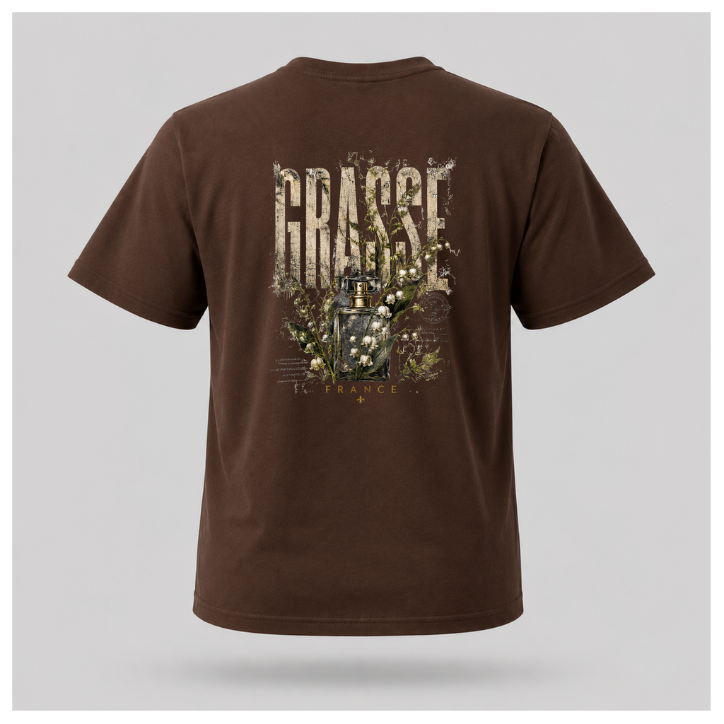 Chocolate brown Grasse Parfum Apothecary T-shirt on a floating male form, featuring the large vintage botanical fragrance bottle back design by RIOTTEES.