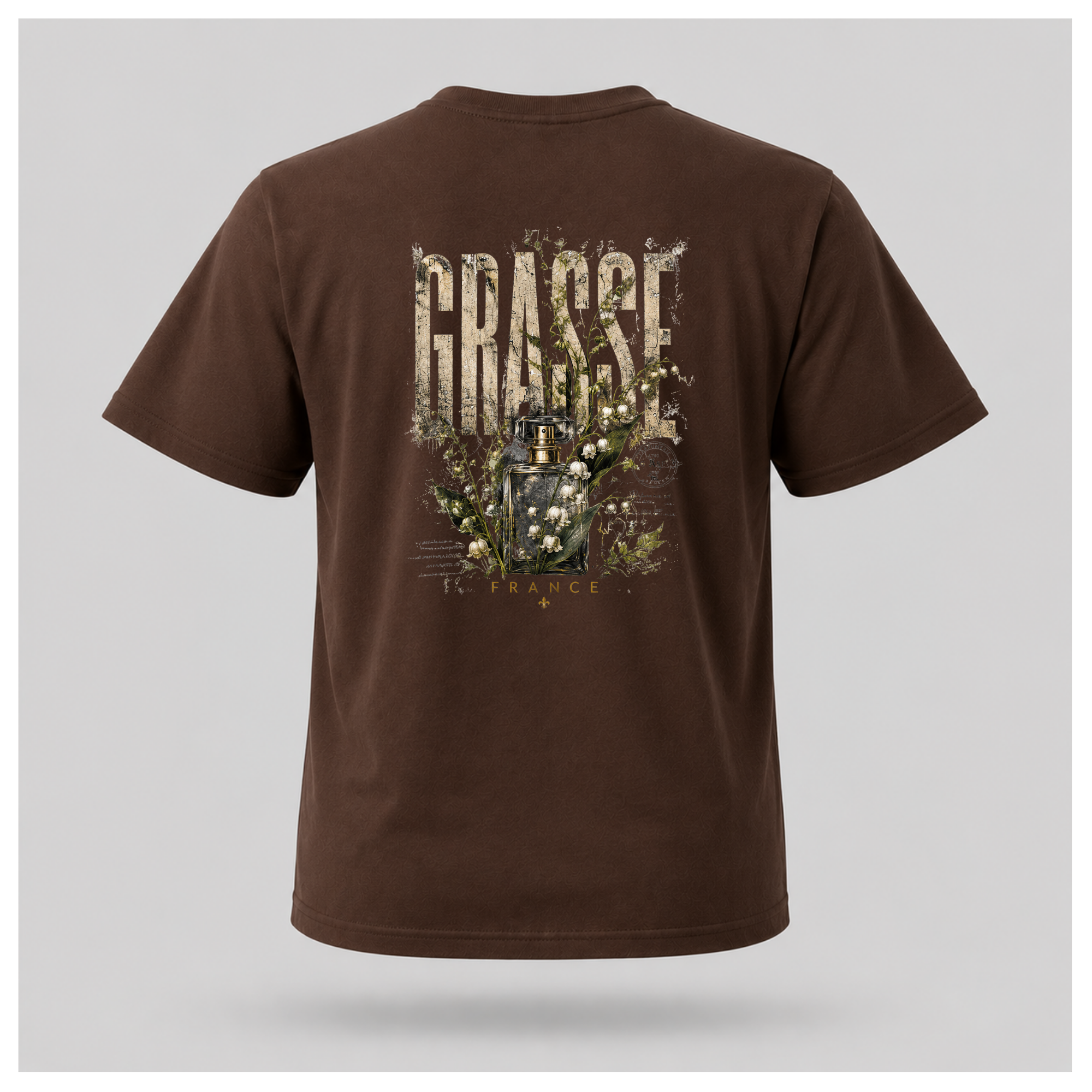 Chocolate brown Grasse Parfum Apothecary T-shirt on a floating male form, featuring the large vintage botanical fragrance bottle back design by RIOTTEES.