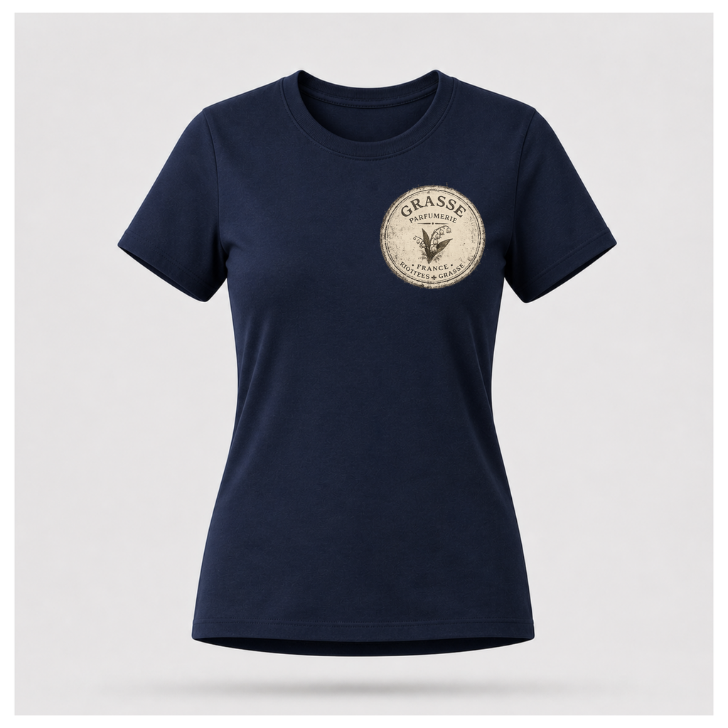 Navy blue Grasse Parfum Apothecary T-shirt on a floating female form, featuring the small vintage apothecary emblem front design by RIOTTEES.