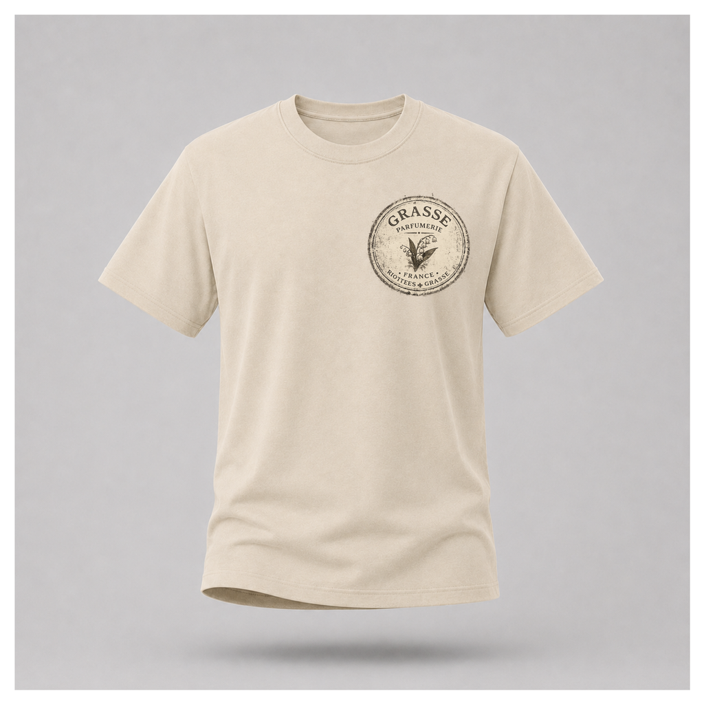 Sand Grasse Parfum Apothecary T-shirt on a floating male form, featuring the small vintage apothecary emblem front design by RIOTTEES.